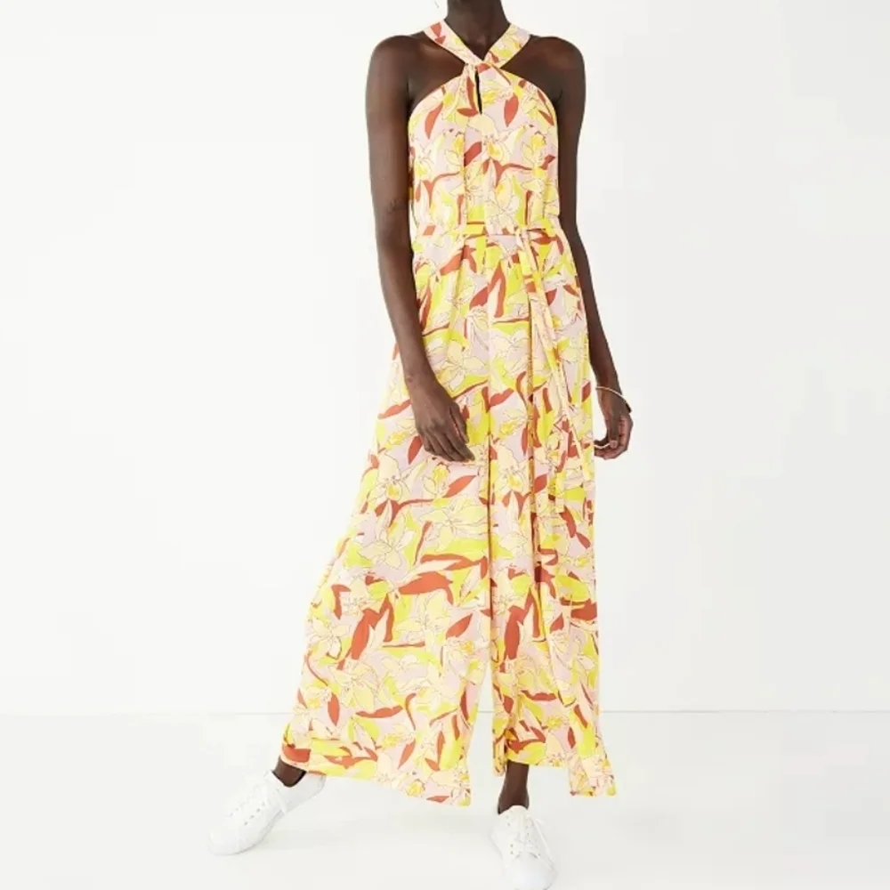 Abstract Plumeria Womens Nine West Crisscross Neck Wide Leg Jumpsuit NWT Size XL